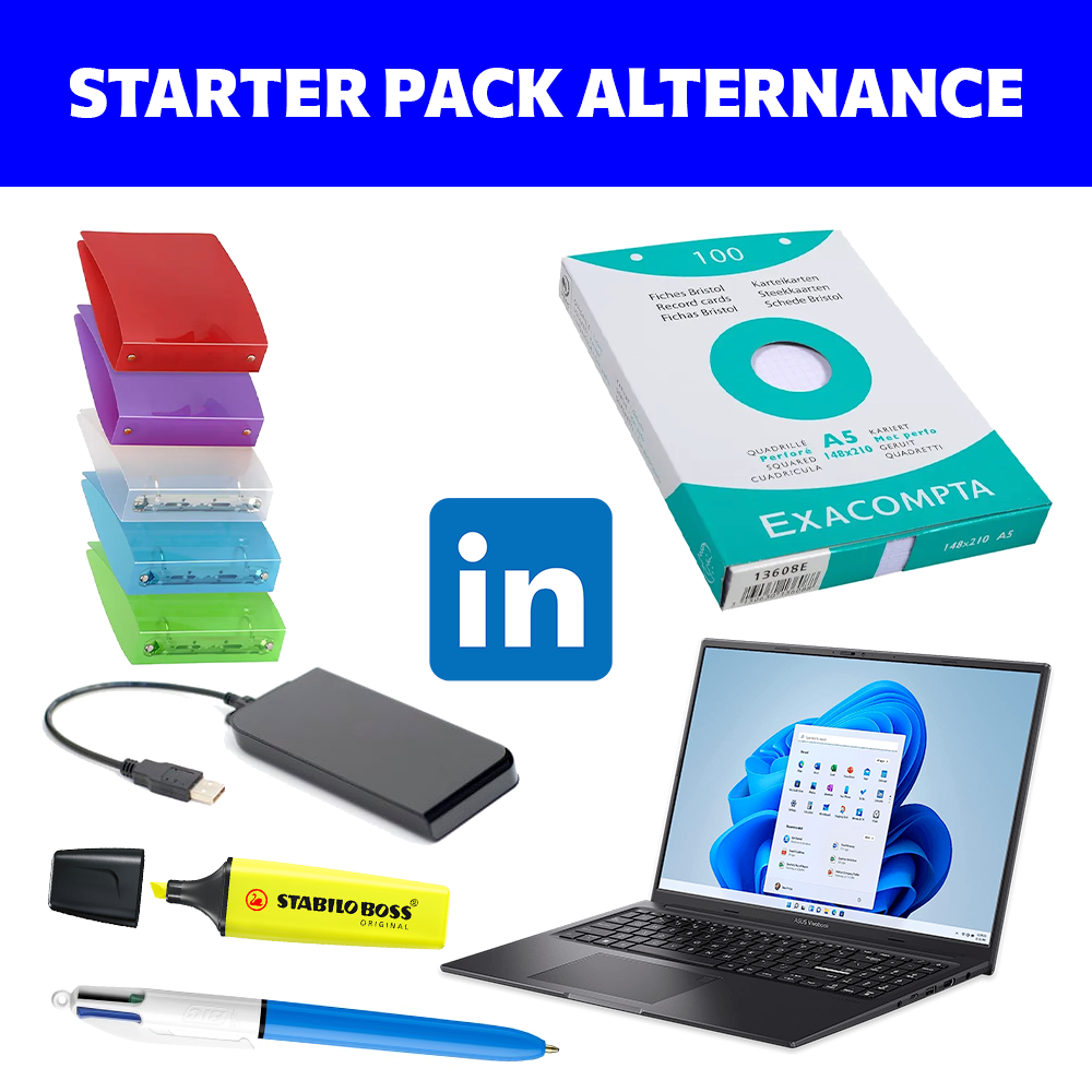 starter pack formation en alternance : classeur et feuilles A5, stylos, ordi et compte linkedin