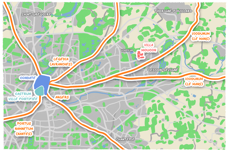 Carte de Condate et la Villa Moucon superposée à une carte contemporaine